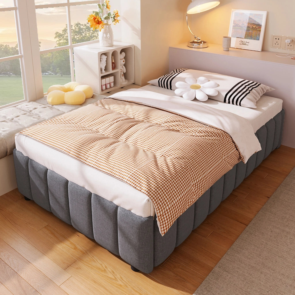 DESMIU Letto Singolo 90 × 200 cm con contenitore idraulico, senza materasso, in lino, grigio