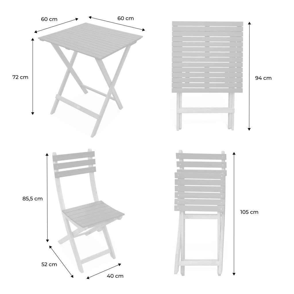Set tavolo da giardino in legno di acacia con 2 sedie pieghevoli,
