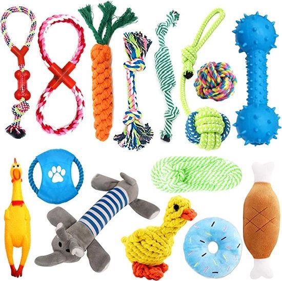 Set di giocattoli per cani, 15 pezzi, tessuto naturale, inodore e non tossico, giocattoli interattivi, corda, robusto, migliora la pulizia dei denti dei cani
