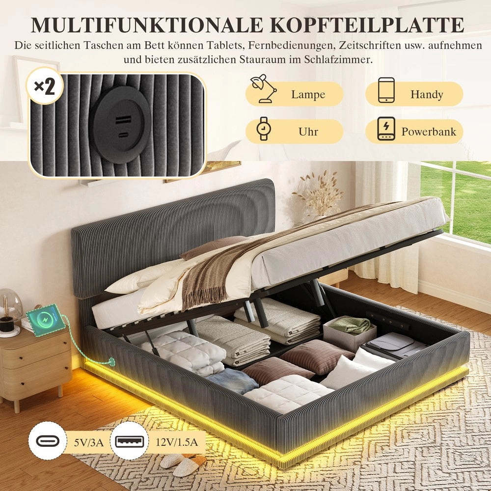Letto Imbottito Contenitore con LED e Testiera Regolabile ¨C MINIMAL ¨C Velluto Grigio 180x200