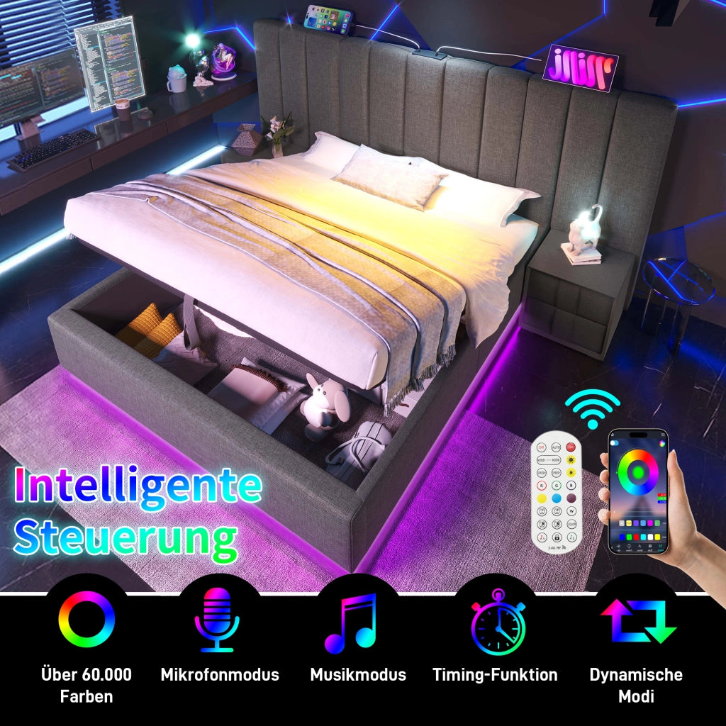 LETTO Contenitore 160x200 cm Grigio con LED, USB e Type-C