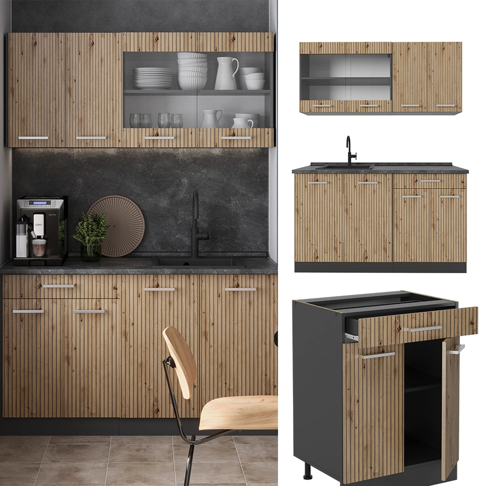 Vicco Cucina monoblocco Rovere artigianale/antracite 140 cm , PL Marmo