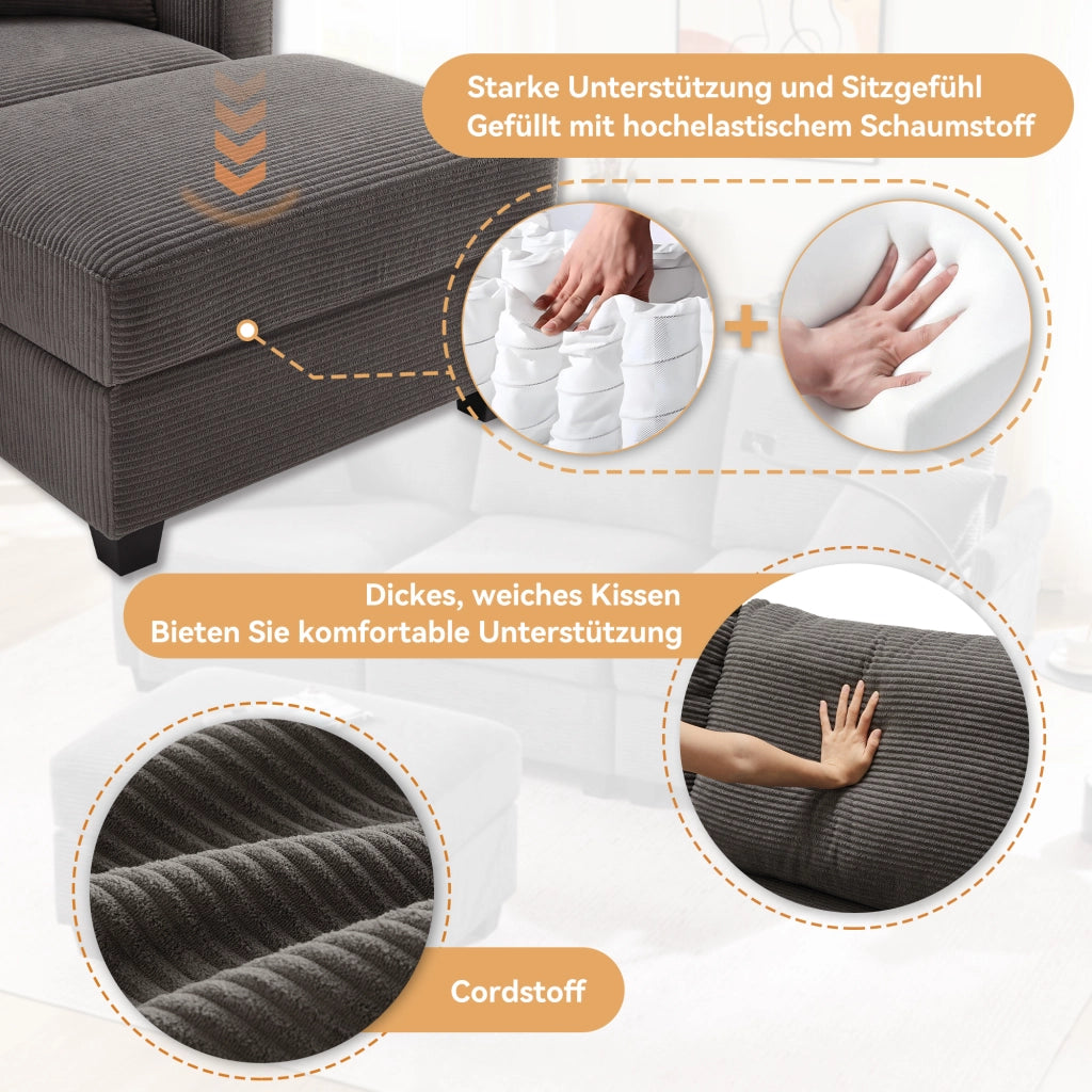 Divano Angolare 3 Posti con Poggiapiedi ¨C Xylo ¨C Grigio Scuro, Braccioli, Cuscini