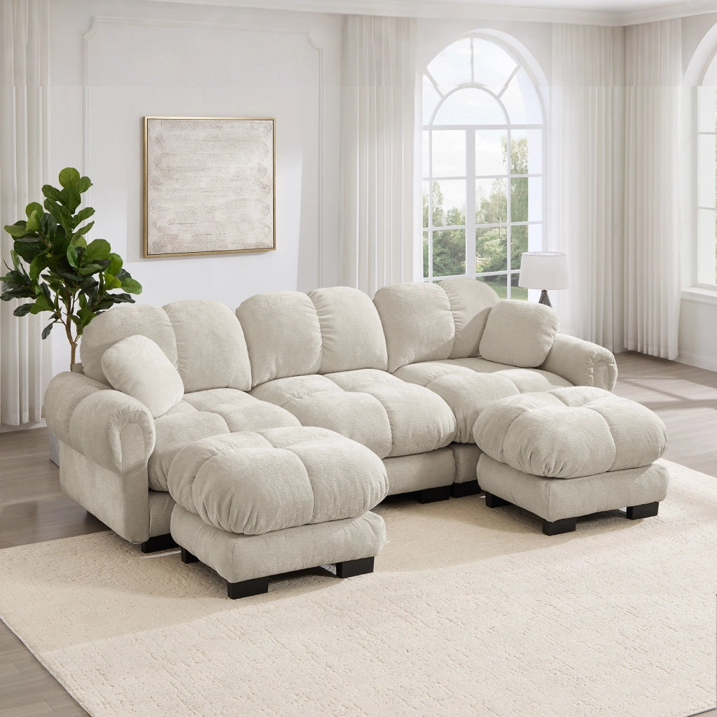 Divano angolare convertibile 3 posti con pouf mobile e cuscino, in Chenille, Beige chiaro