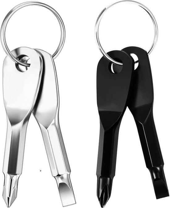 Set di 4 chiavi a serraggio portatile a testa piatta e a croce con manico, in nero e argento, con cinturino per chiave.
