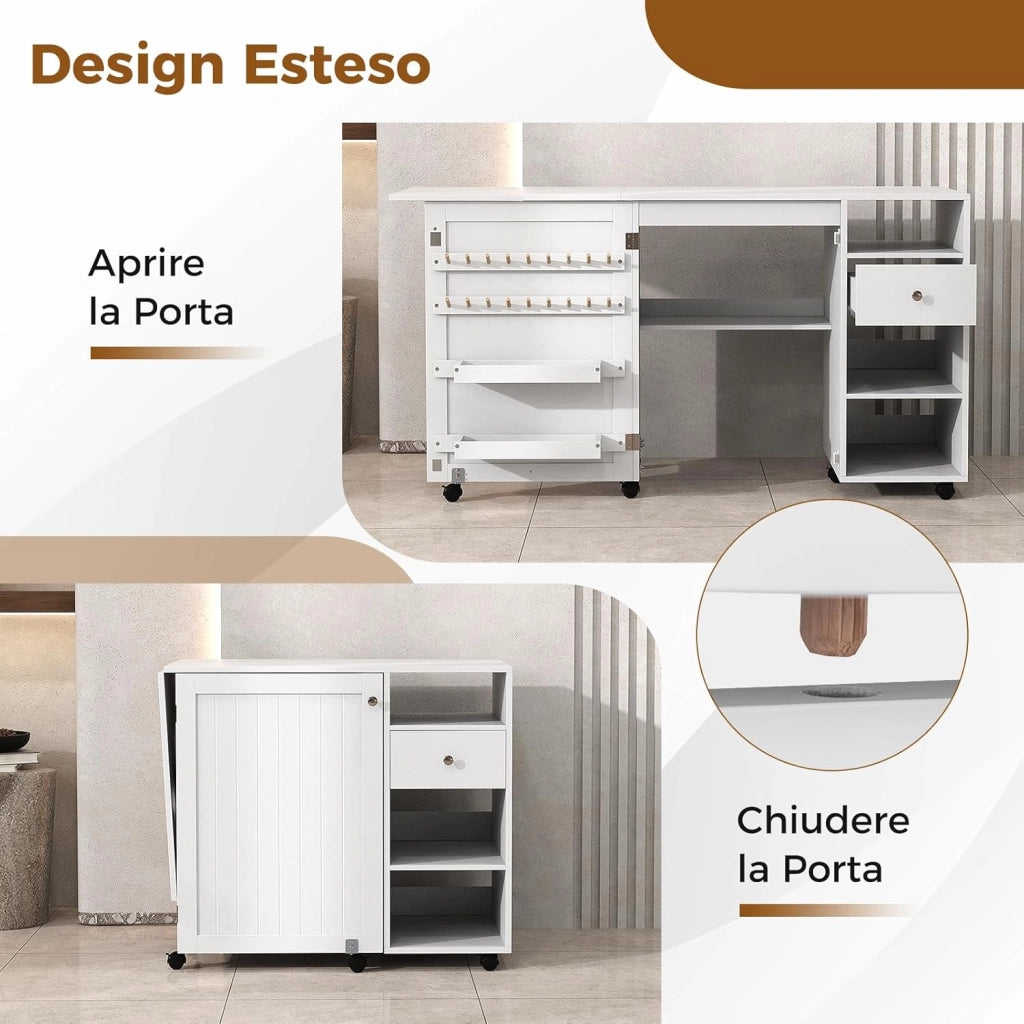 Tavolo per Macchina da Cucire Pieghevole, Tavolo per Cucito con Ripiani per Stoccaggio, Vassoi, Cassetto, Ganci e 6 Ruote Bloccabili, Bianco