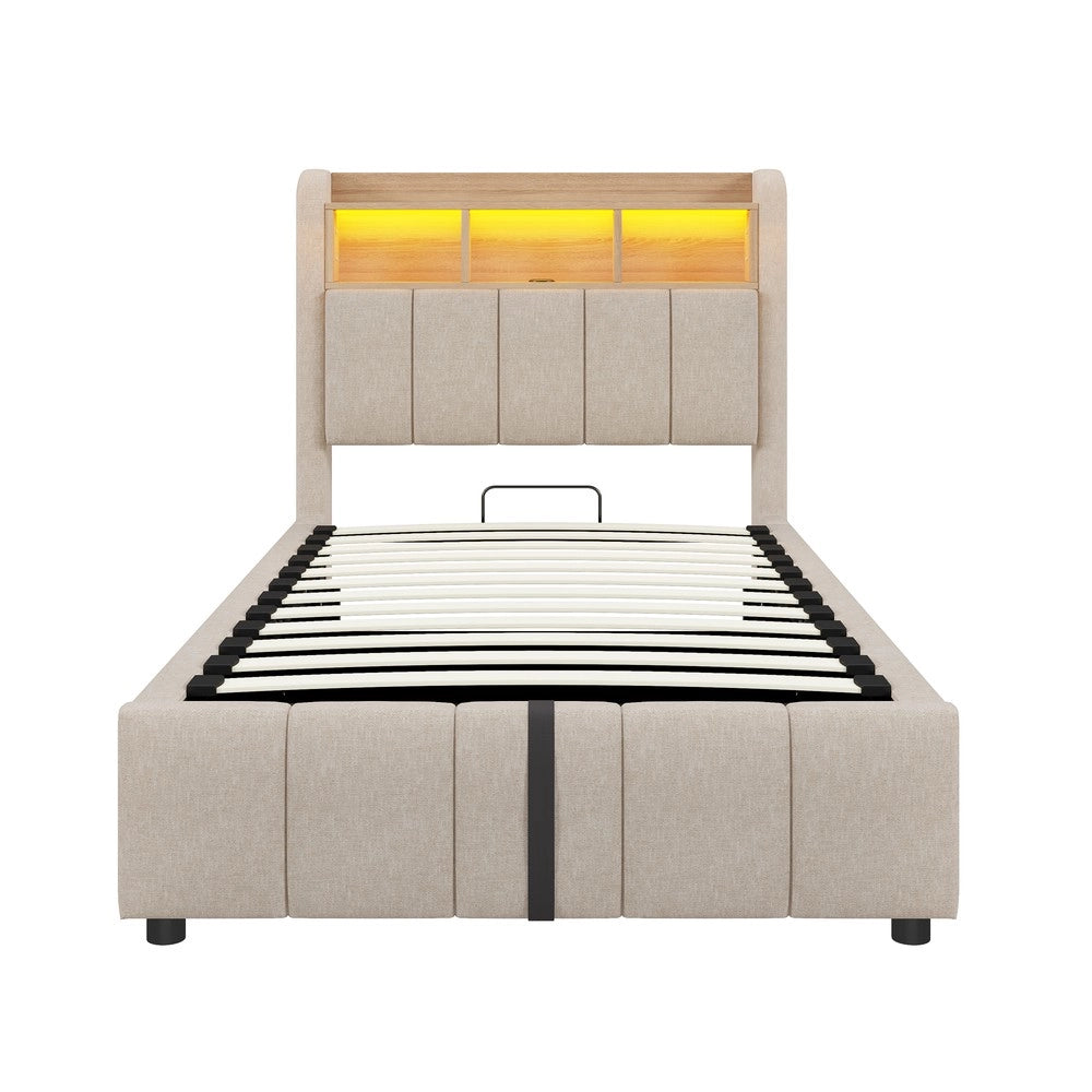 Letto Imbottito Singolo con LED, USB e Contenitore Idraulico ¨C MINIMAL ¨C Lino Beige 90x200