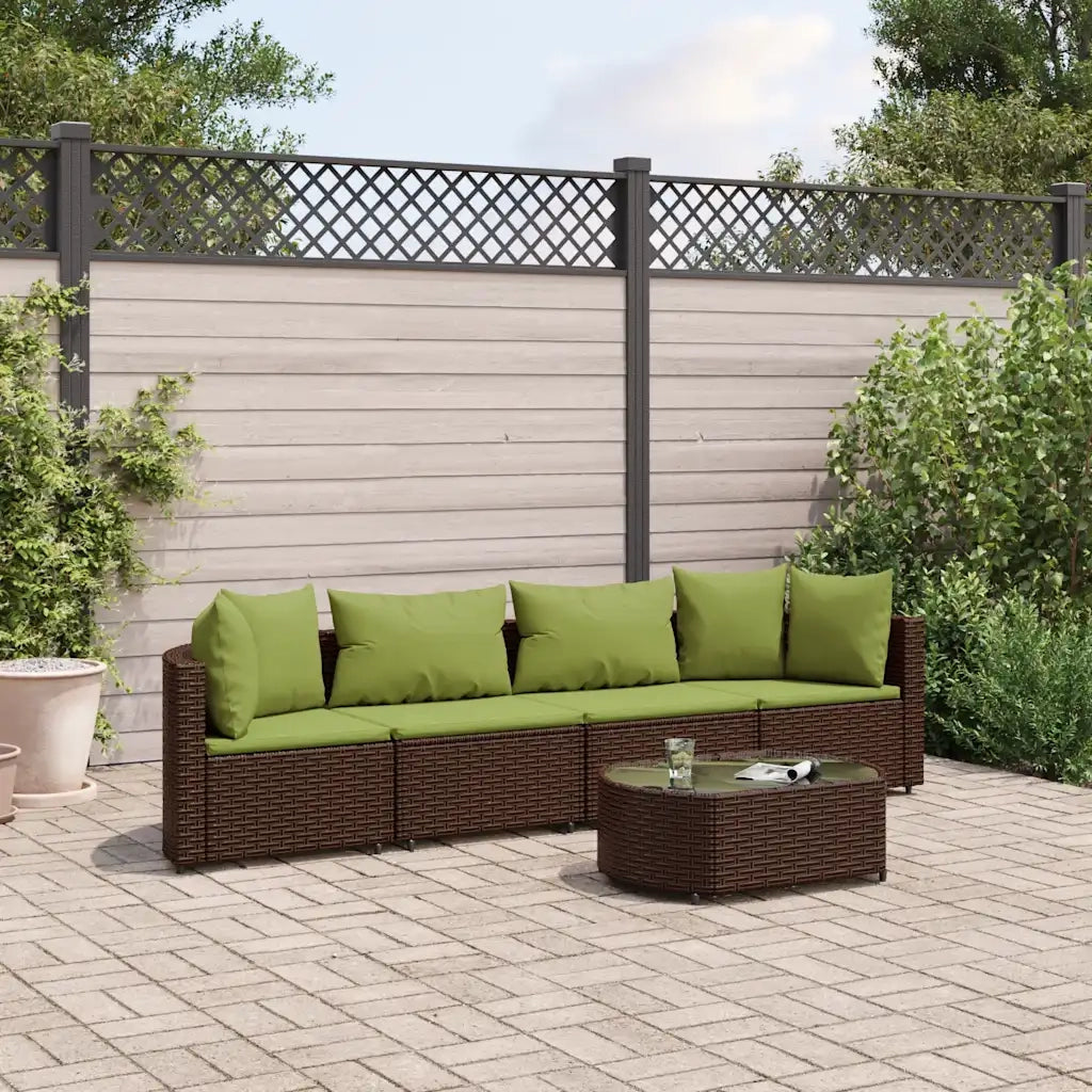 Set Divano da Giardino 5 pz con Cuscini Marrone in Polyrattan