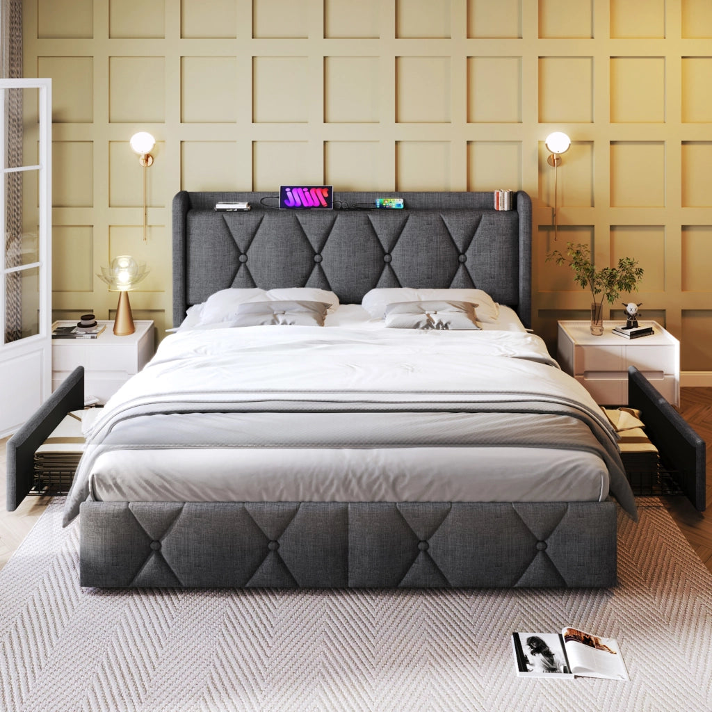 LETTO Contenitore 160x200 cm Grigio in lino con 4 cassetti