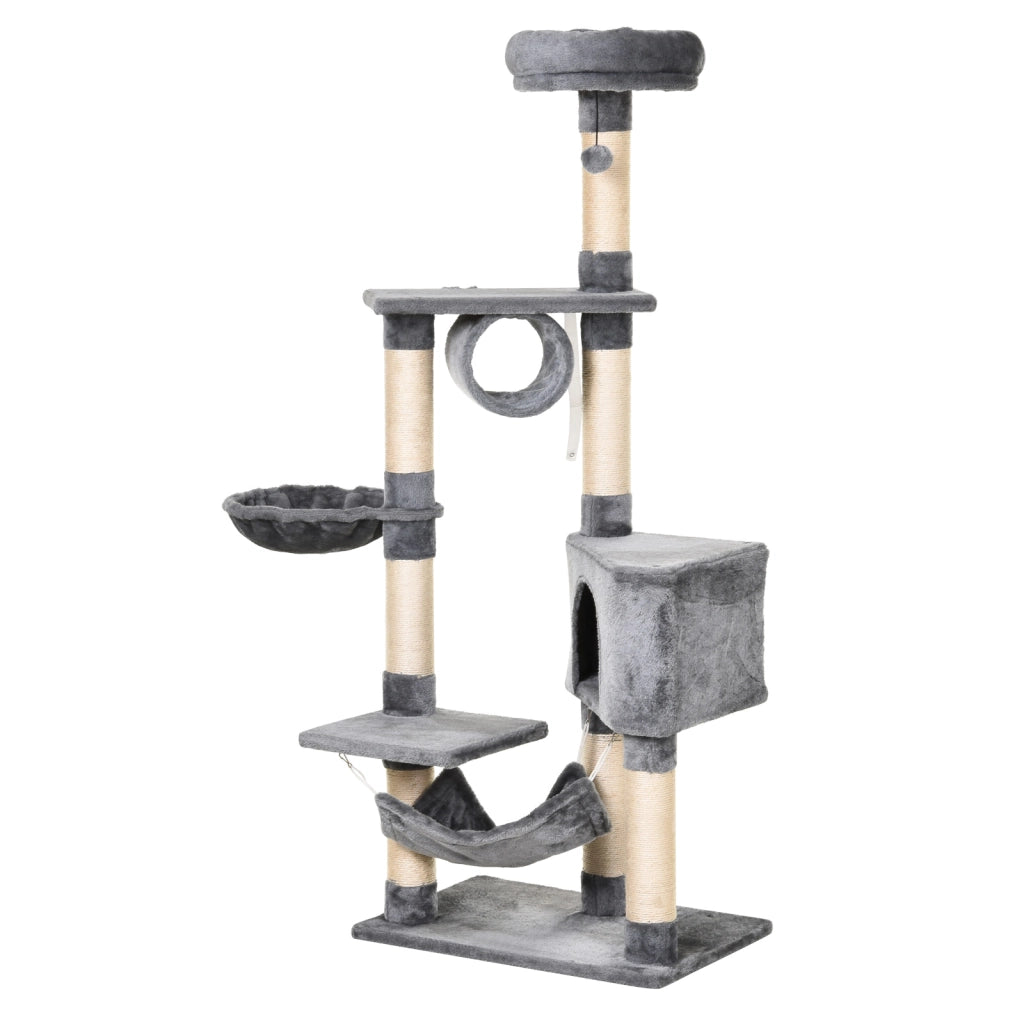 Torre per Gatti con Piattaforme Tunnel e Amaca ¨C Minimal ¨C Grigio 60x40x154 cm