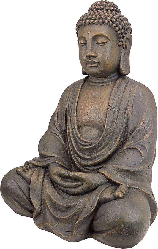 Statua di Buddha - Meditativo Buddha della Statua del Grande Giardino del Tempio - 26 Pollici - Poliressino - Pietra Scura