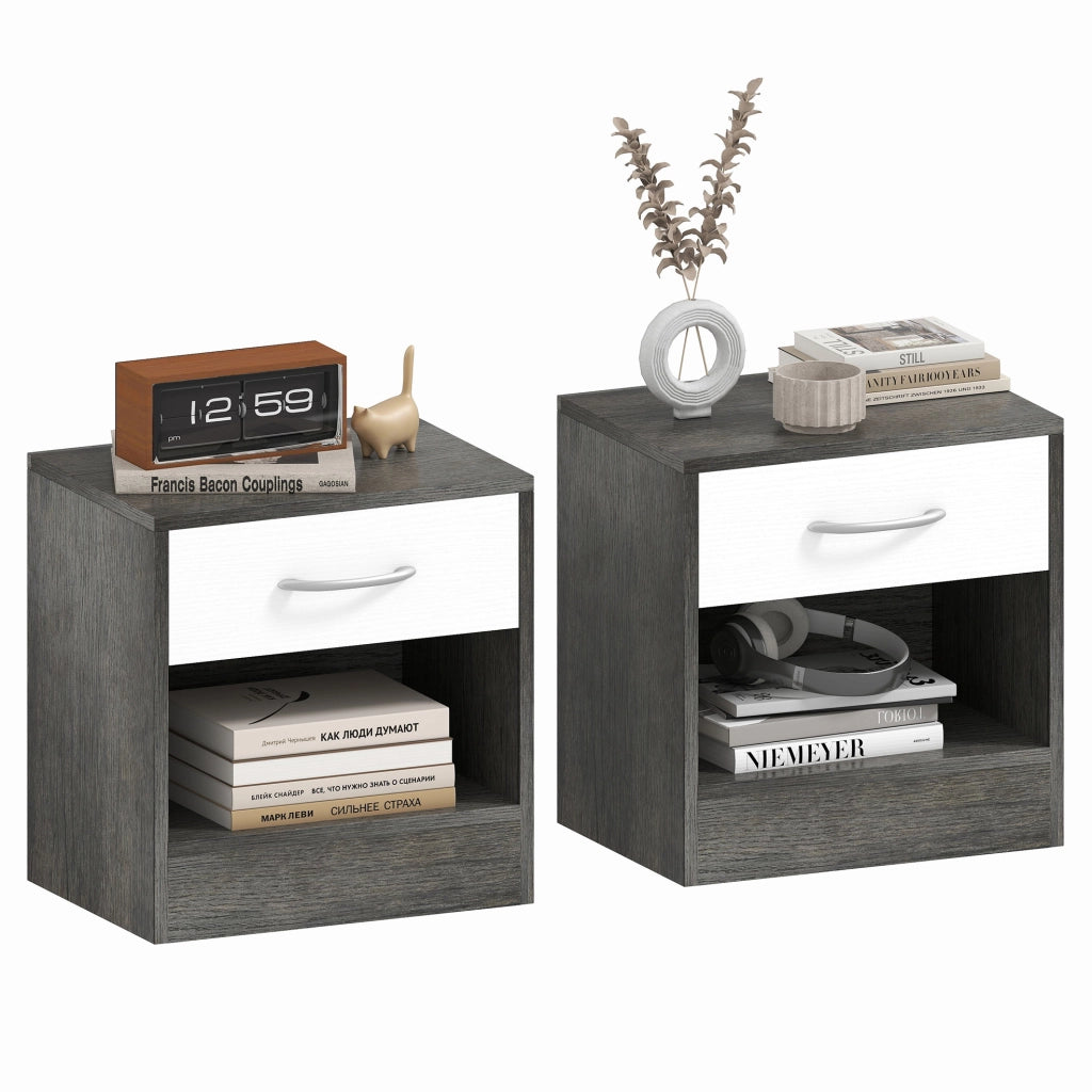 Comodini Moderni con Cassetto e Ripiano Aperto ¨C zephmum ¨C Legno, Bianco e Grigio Scuro, 39x28x41 cm
