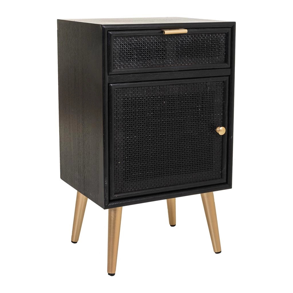 Comodino in legno laccato nero e rete 42x36,5x71