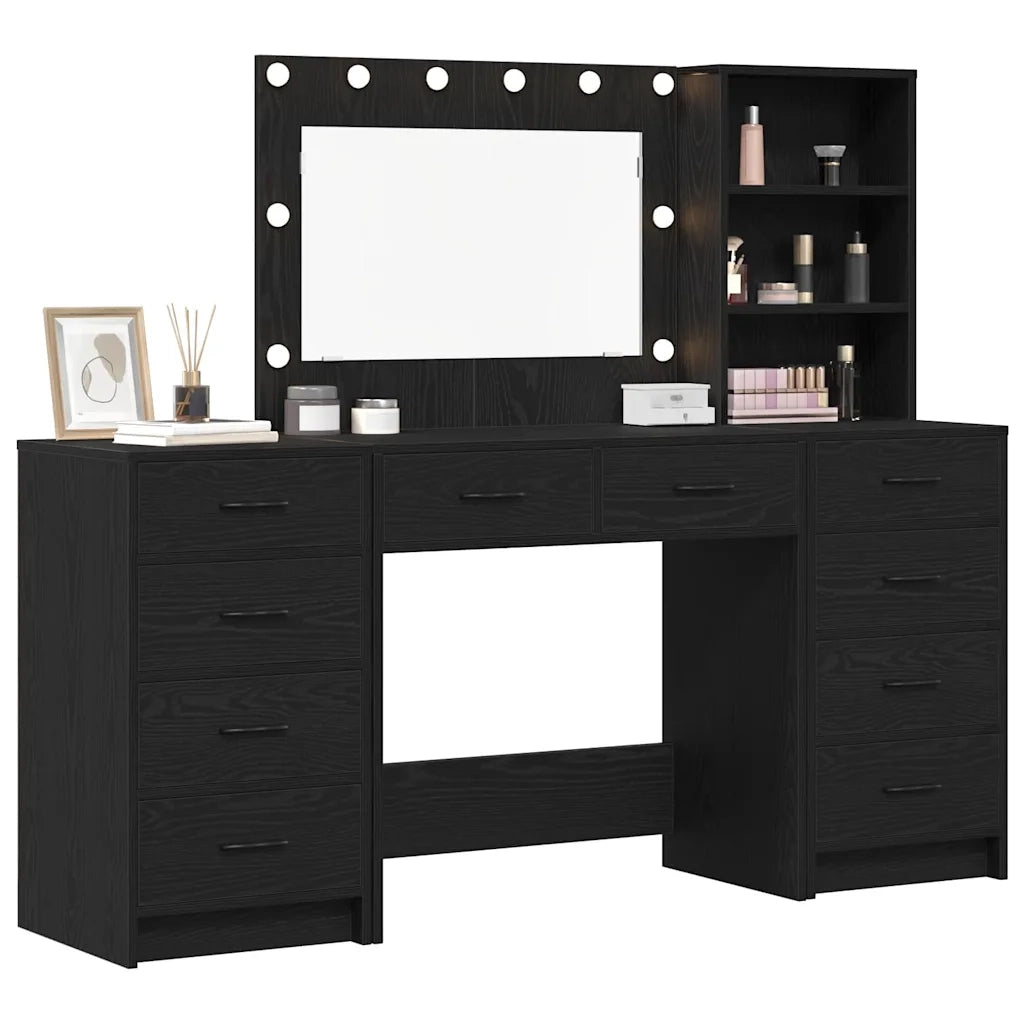 Toeletta | Tavolo da Trucco 3 pz Rovere Nero Legno multistrato