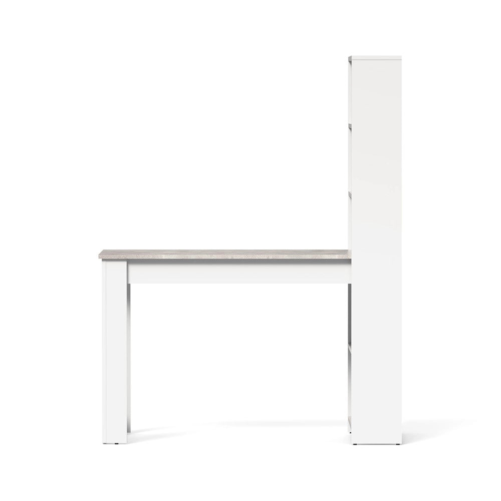 Tavolo penisola Mojo02 con Libreria Integrata Bianca e Piano Effetto Cemento