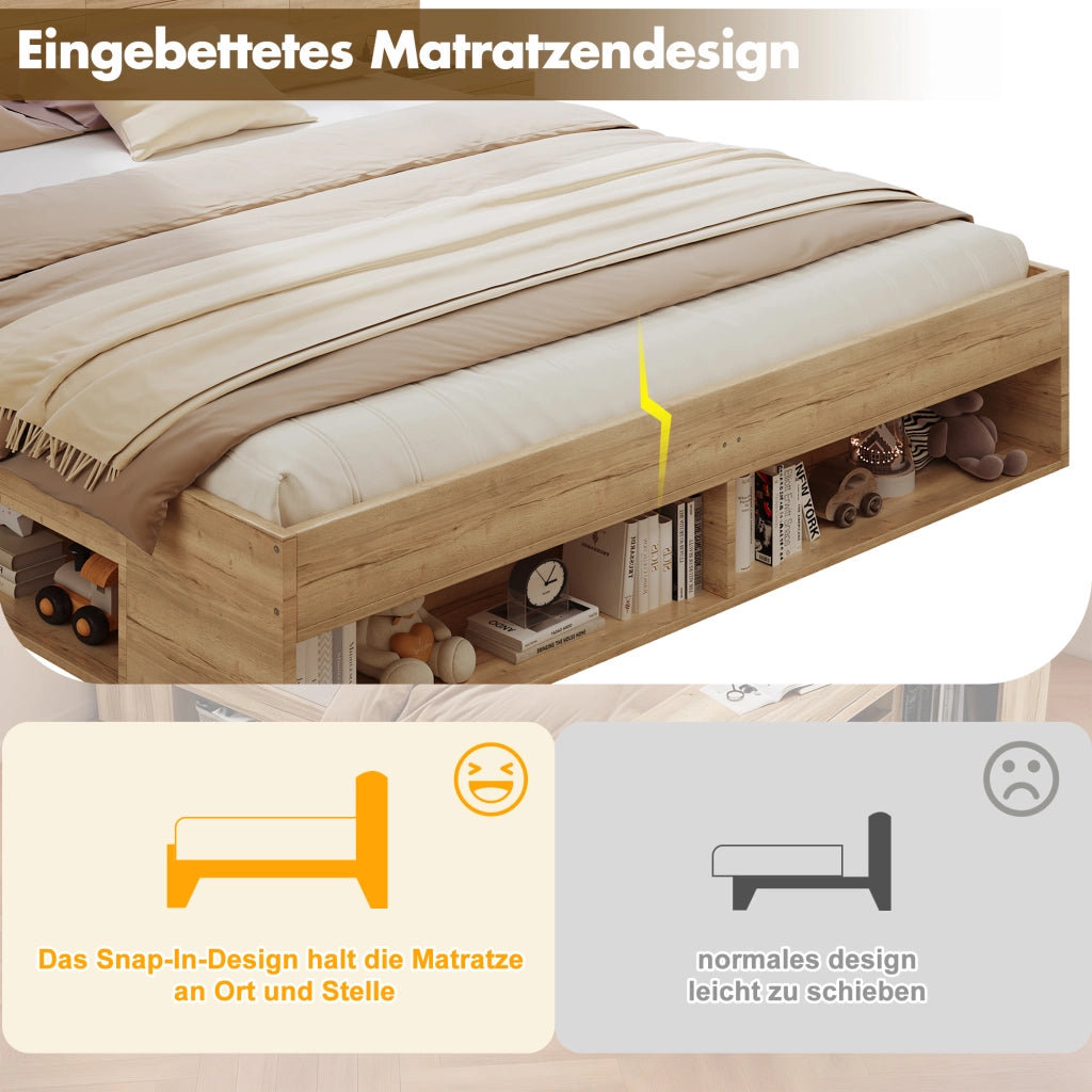 LETTO Contenitore 180x200 cm MDF Naturale con LED e 2 comodini