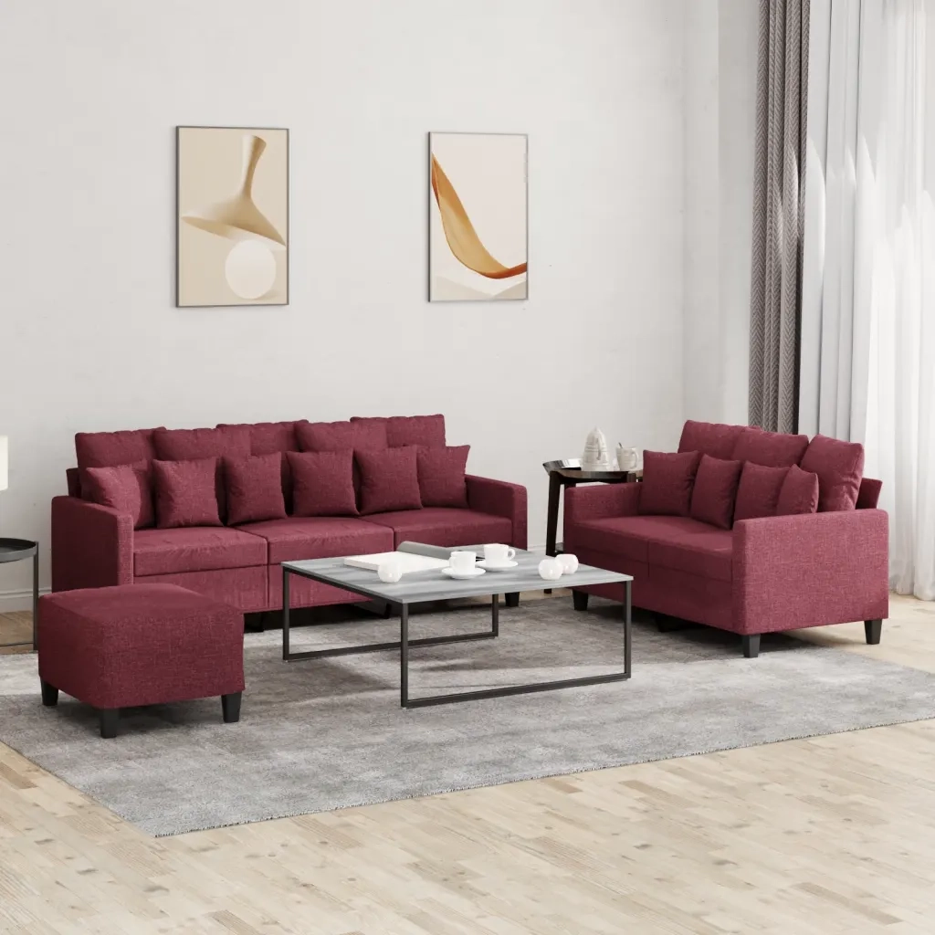 Set di Divani 3 pz con Cuscini Rosso Vino in Tessuto 3201678