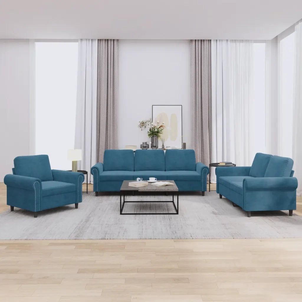Set di Divani 3 pz con Cuscini Blu in Velluto 3202179