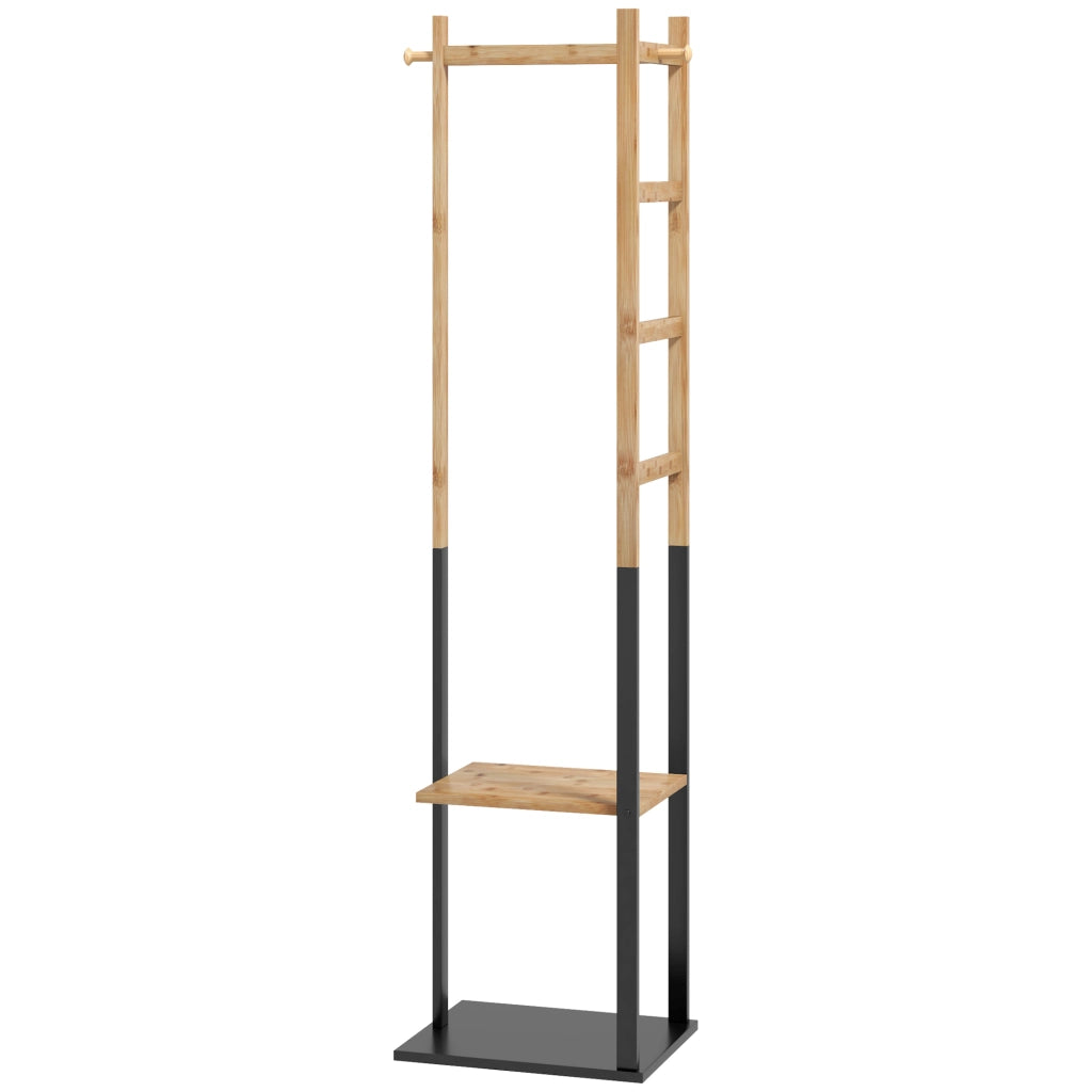 Appendiabiti da Terra con Scaffali e Ganci ¨C Minimal ¨C Legno e Acciaio, Nero