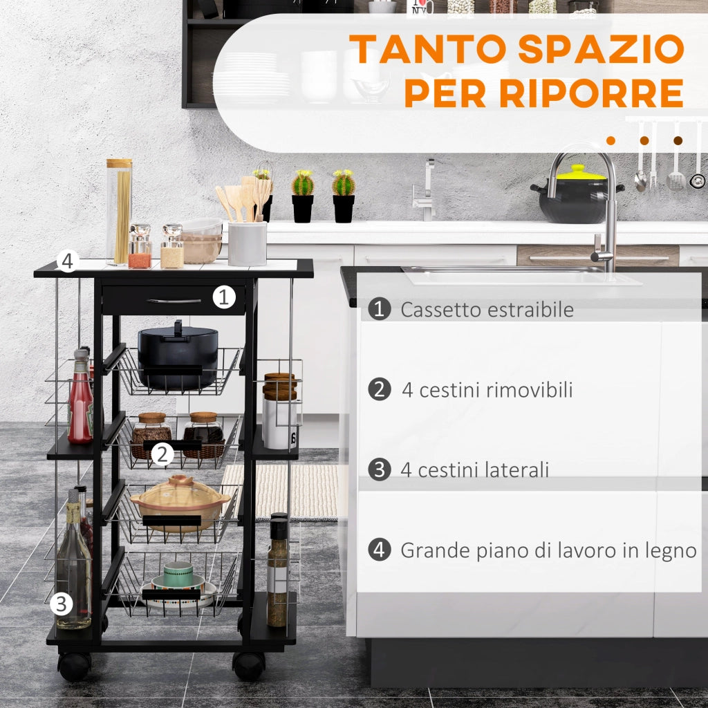 Carrello da Cucina con Cassetto ¨C Xylo ¨C 4 Cesti Estraibili, Piano Ceramica, 57x37x83cm Nero