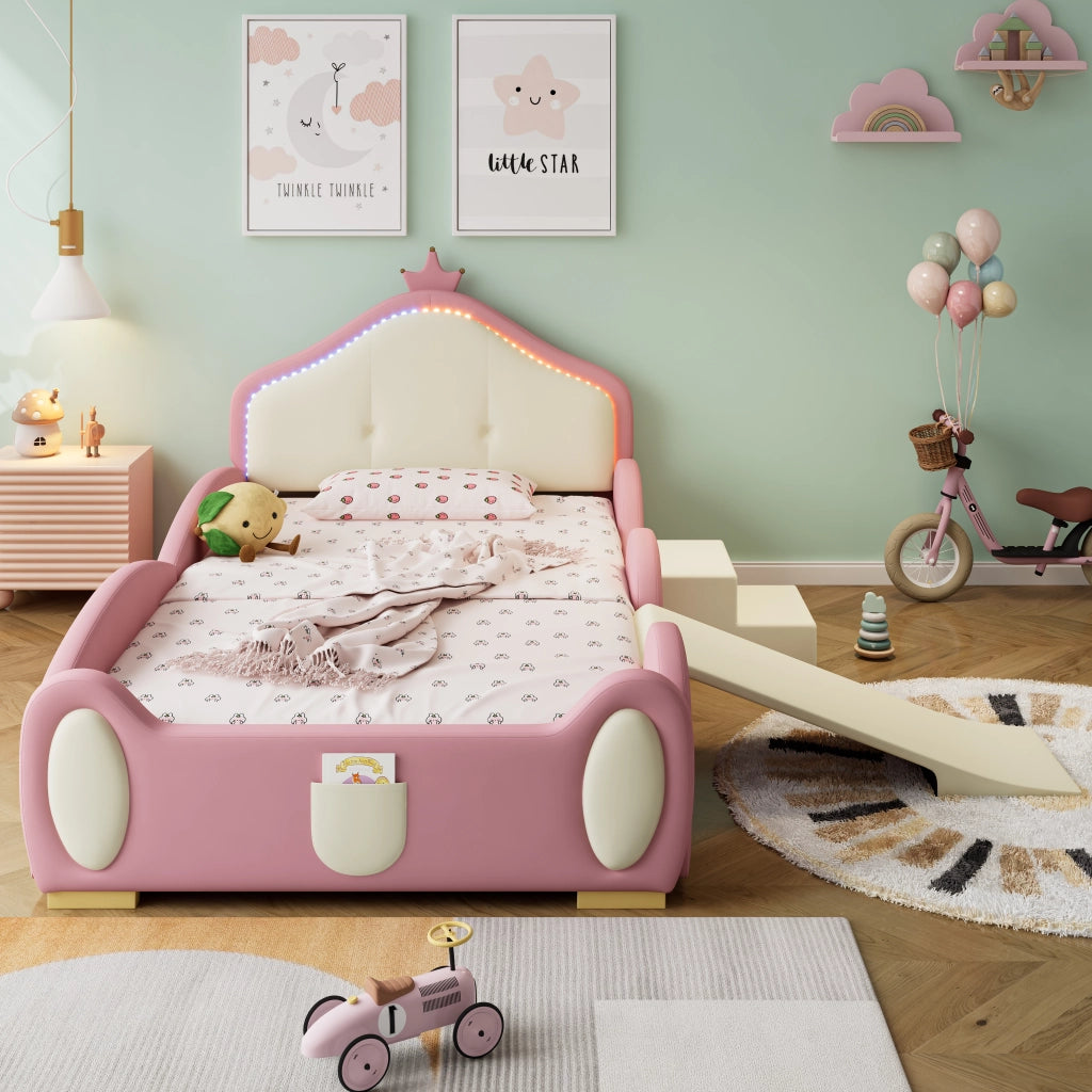 Letto per Bambini 90x200 cm - LED Multimodale; Scivolo e Scala - in PU - Rosa
