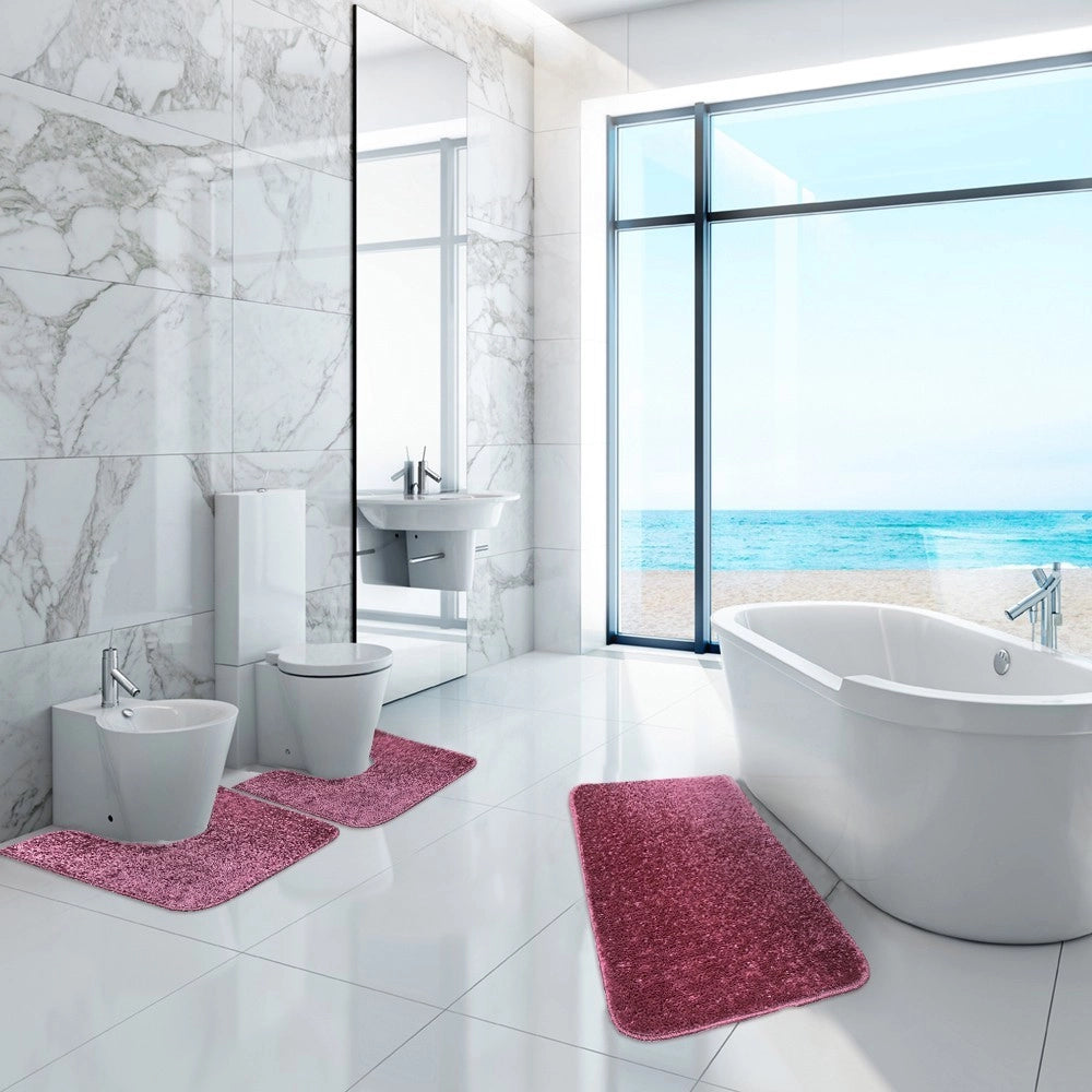 Tappeto Bagno Camera Scendiletto Doccia Vasca Antiscivolo Assorbente Shaggy Soffice IBISCO A Parure 3 Pezzi - Porpora