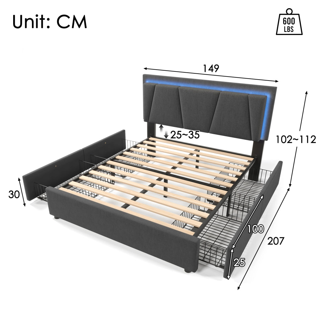 LETTO Imbottito 140x200 cm Grigio con testiera regolabile, LED e 4 cassetti