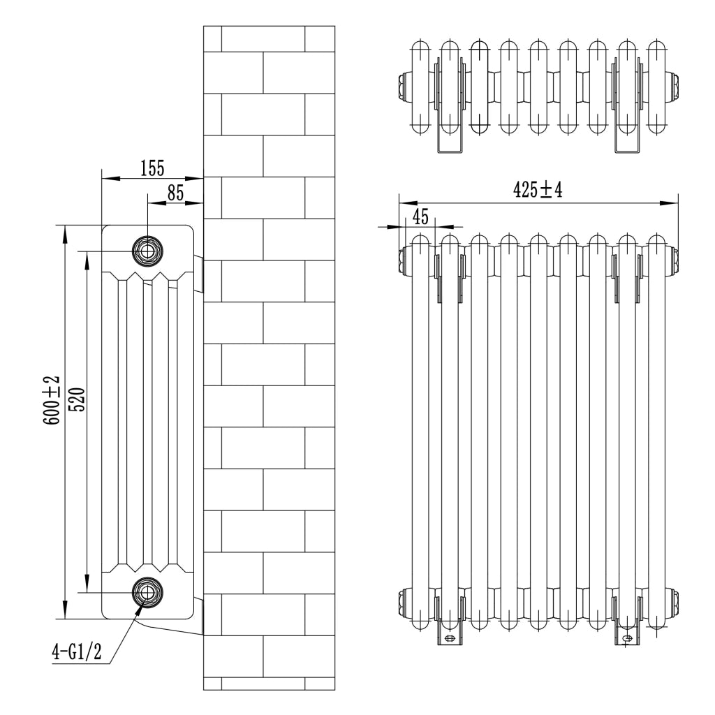 Radiatore Tradizionale 4 Colonne Orizzontale Nero & Valvole 600 x 425 mm