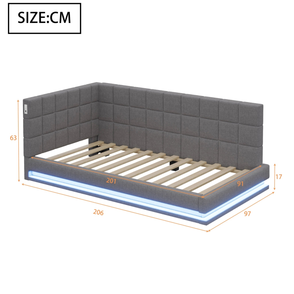 Divano letto imbottito 90x200 con LED, USB e rete a doghe