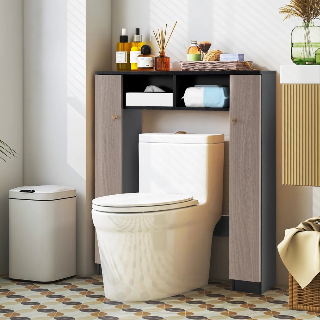 Scaffale sopra wc con doppia anta 2 scomparti aperti e 4 ripiani regolabili, Mobile a ponte per bagno Marrone