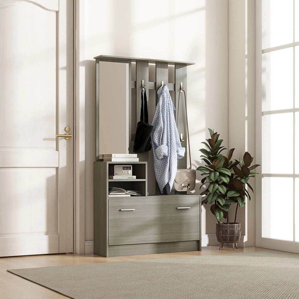 Set Mobili da Ingresso con Appendiabiti, Specchio, Panca e Scarpiera ¨C Minimal ¨C Grigio