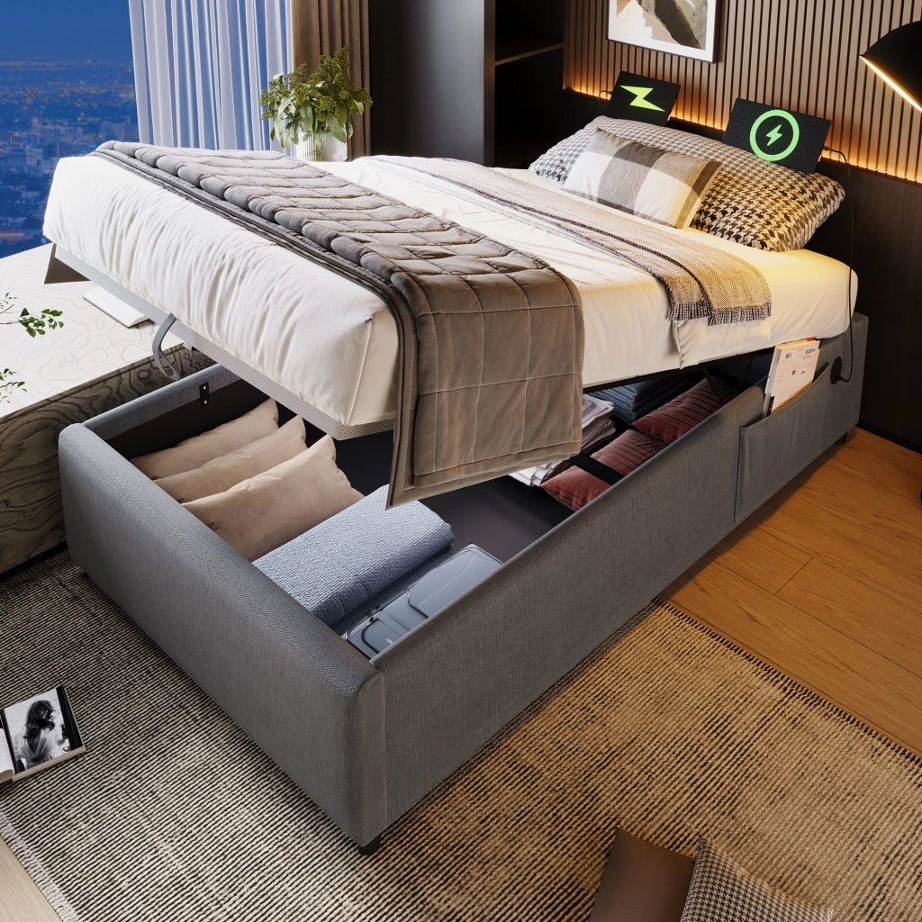 LETTO contenitore 90x200 cm con USB e Type-C tessuto grigio