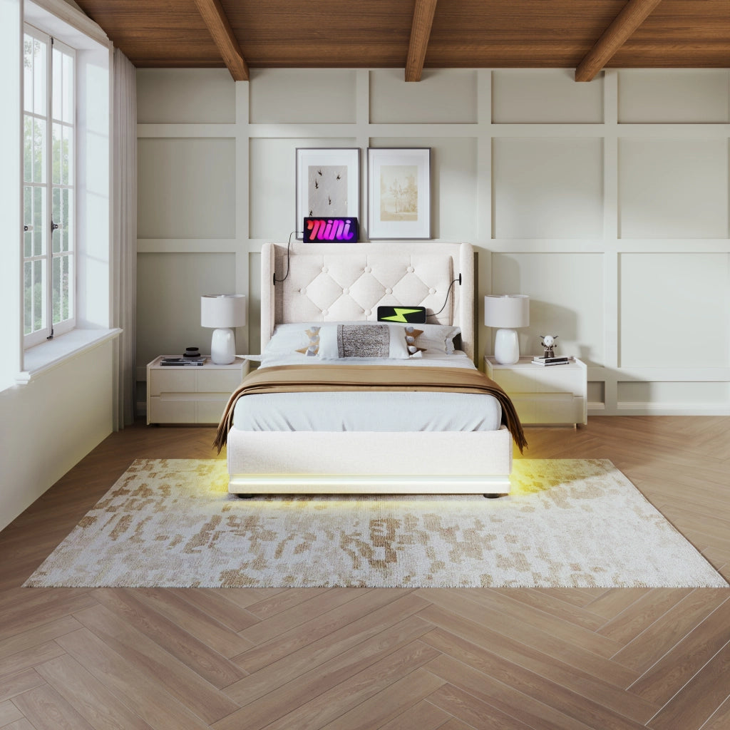 LETTO Contenitore 90x200 cm Beige in cotone, con USB Tipo-C e LED a 3 lati