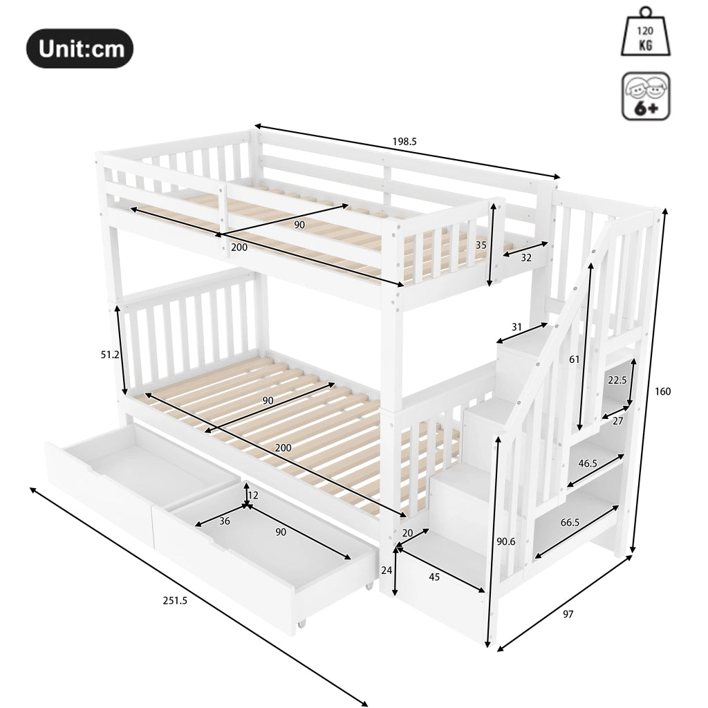 Letto a Castello con Scala e Cassetti ¨C MINIMAL ¨C Bianco 90x200