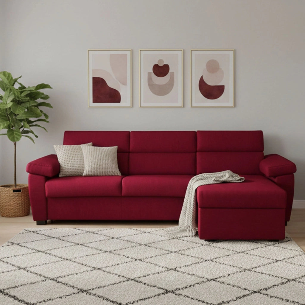 Priverno, Divano Letto con Penisola Sfoderabile Made in Italy, 285x160 cm Rosso