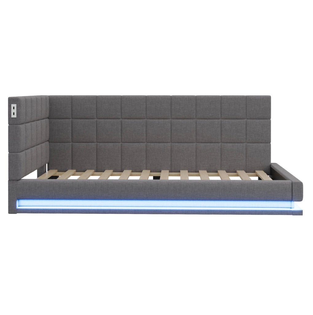 Divano letto imbottito 90x200 con LED, USB e rete a doghe
