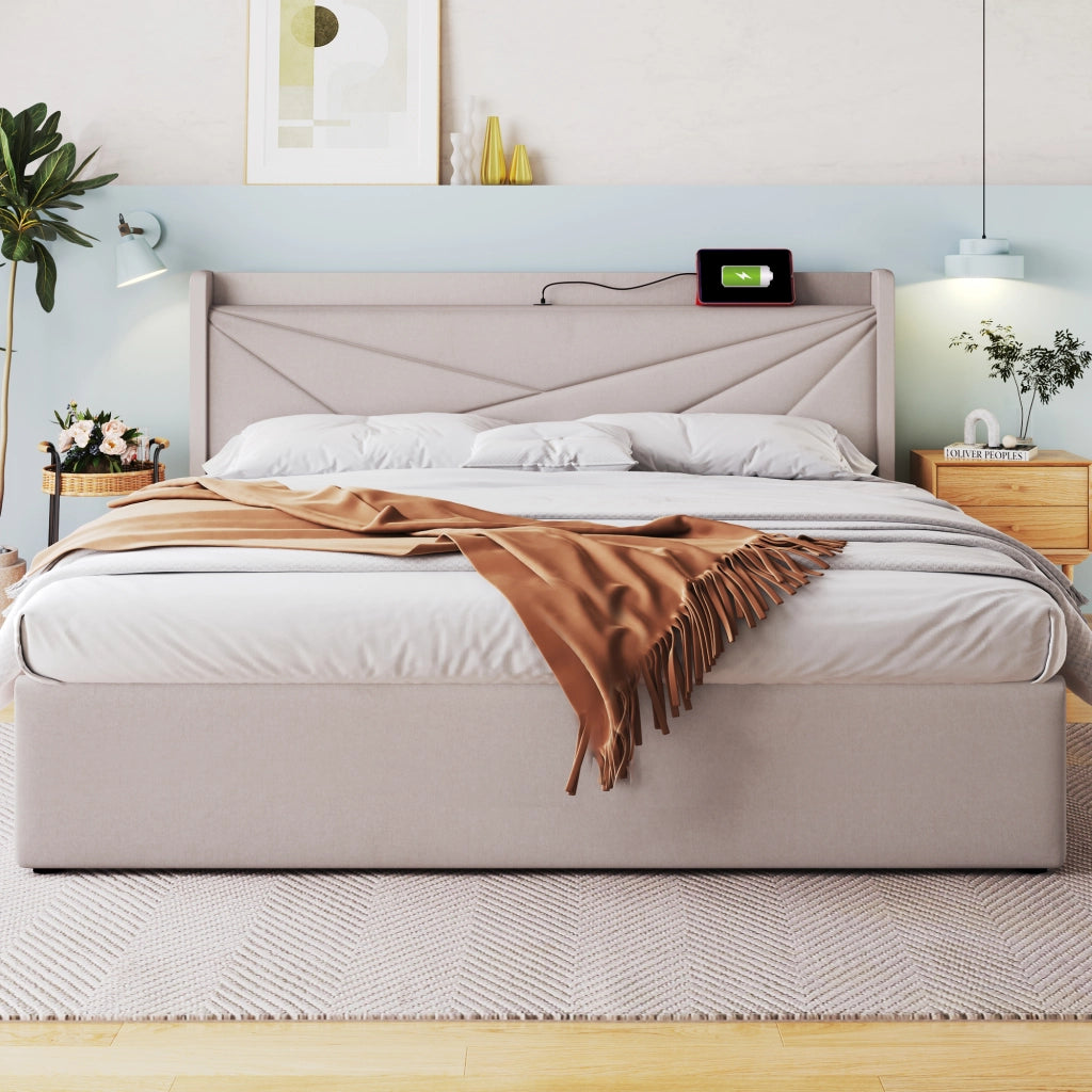 LETTO Contenitore 140x200 cm con USB e USB-C Testiera Geometrica Beige