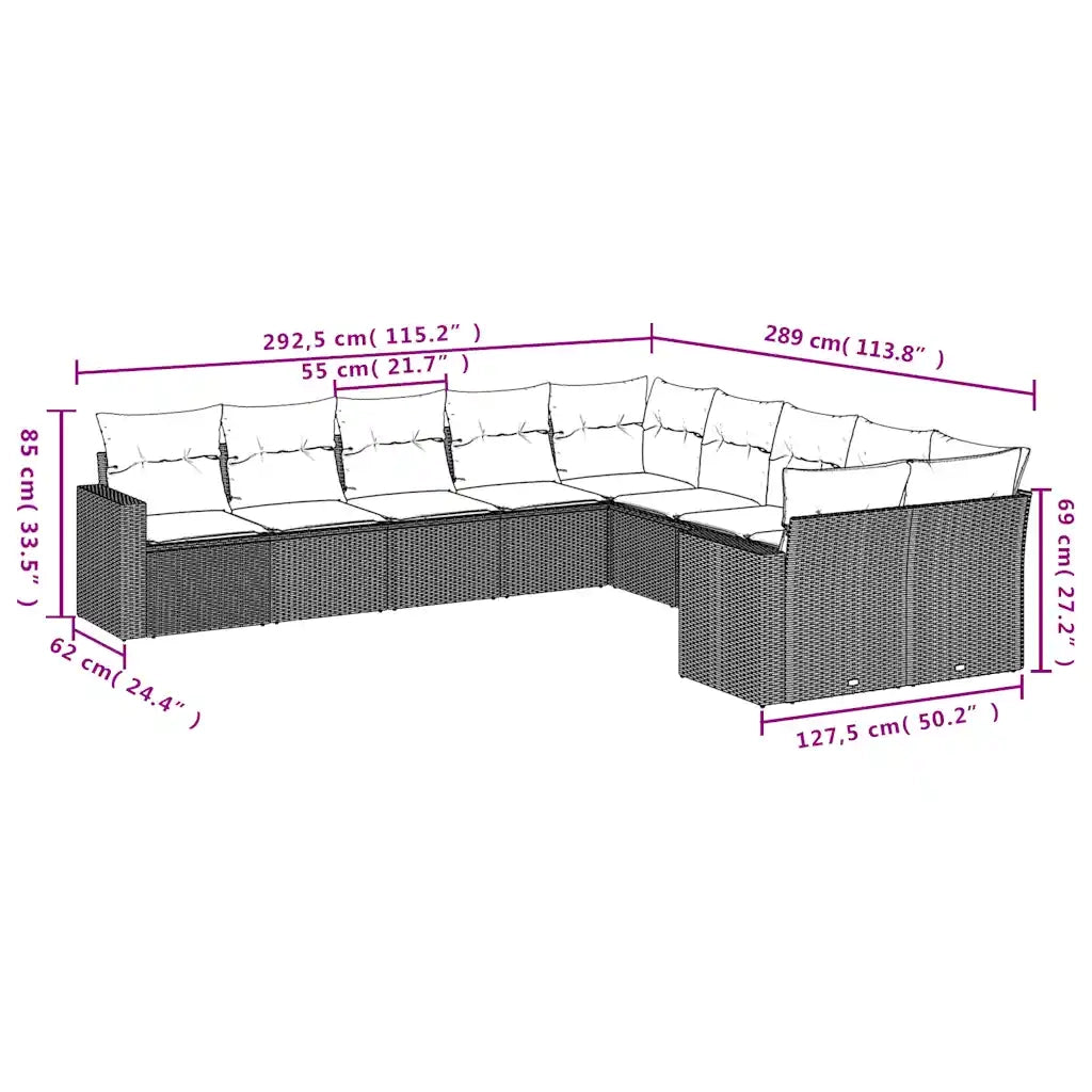 Set Divani da Giardino 10pz con Cuscini in Polyrattan Marrone 3219504