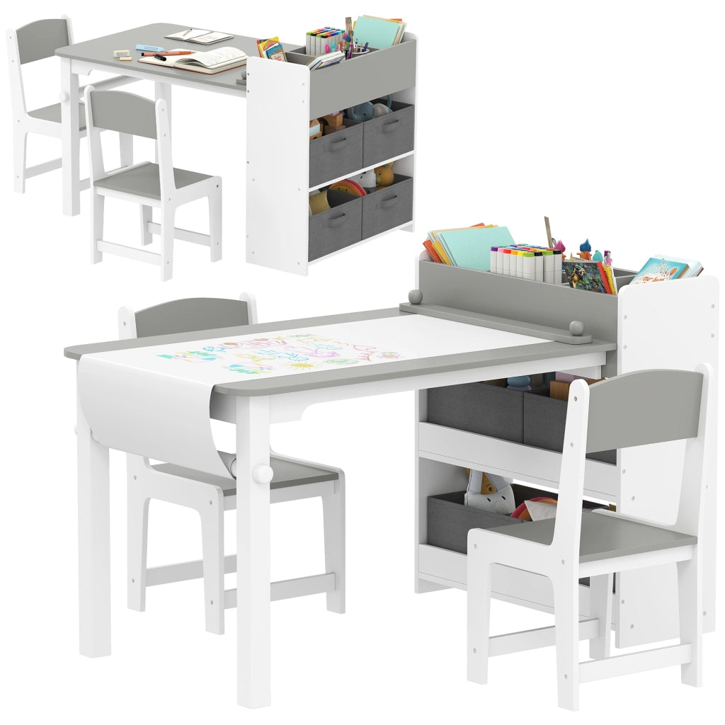 Set Sedie e Tavolo per Bambini ¨C Minimal ¨C Legno, Tessuto non Tessuto, Grigio e Bianco