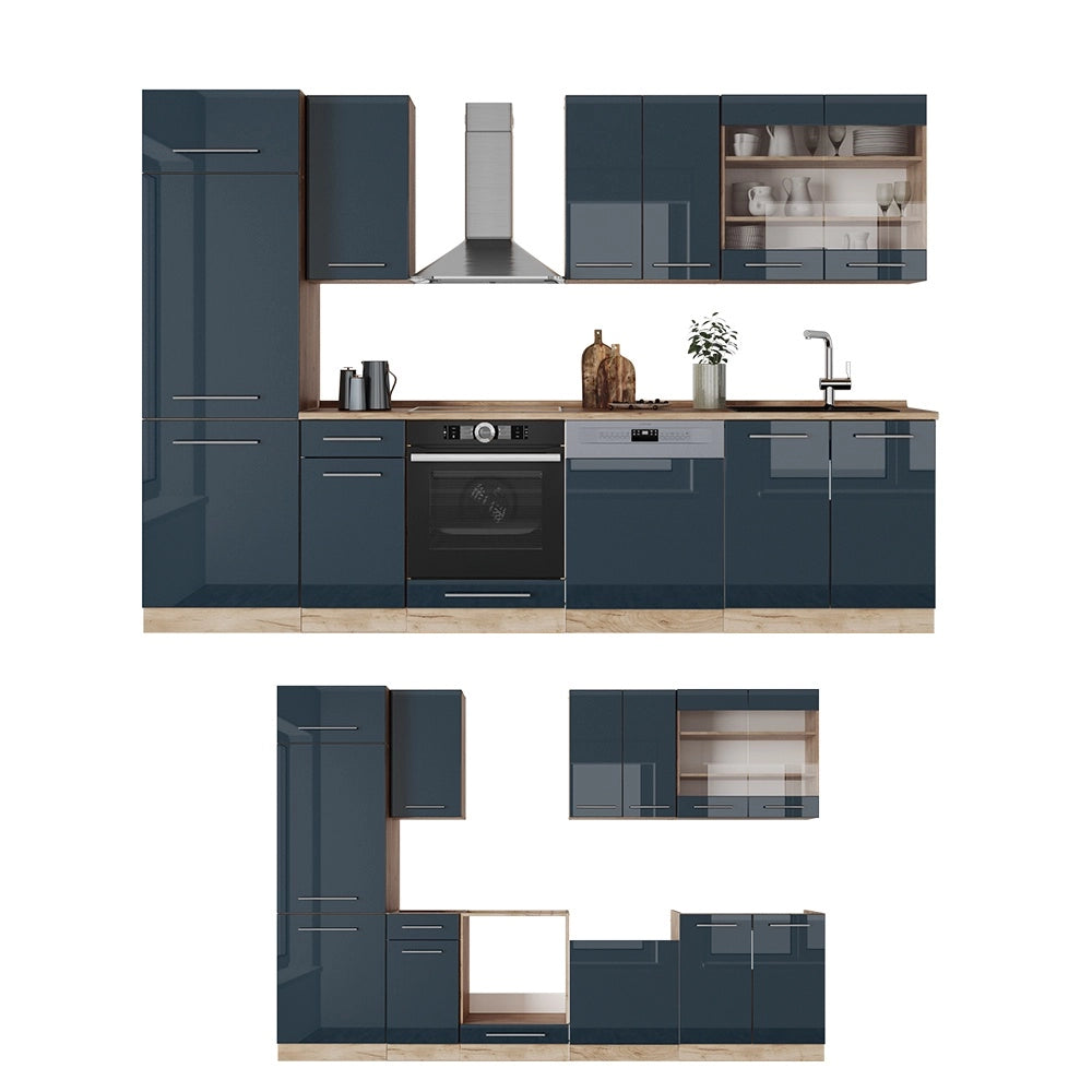 Cucina componibile Fame-Line Blu scuro lucido/Rovere dorato 300 cm, PL Antracite Vicco