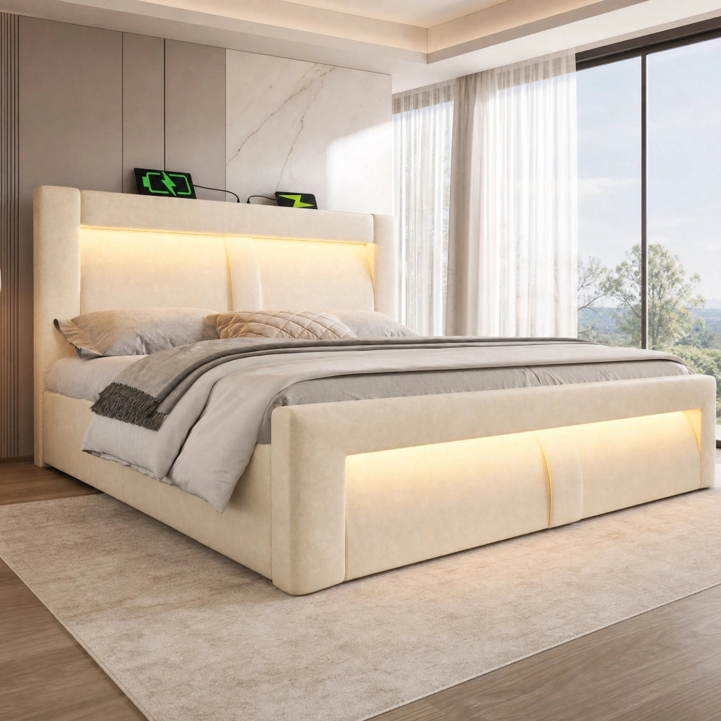 LETTO matrimoniale 180x200 cm con contenitore, LED, USB e Type-C, velluto beige