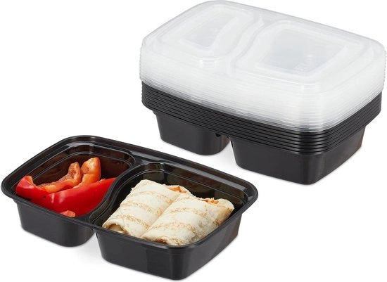 Contenitori di Prep Cibo con 2 Compartimenti - Set da 10, Sicuri per Microonde e Congelatore - Contenitori in Plastica da 800 ml Nero