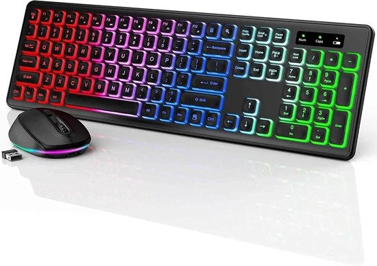 Tastiera e Mouse Gaming Combinati - Wireless - Illuminazione LED - Nero - Ergonomico - Set Gaming - QWERTY