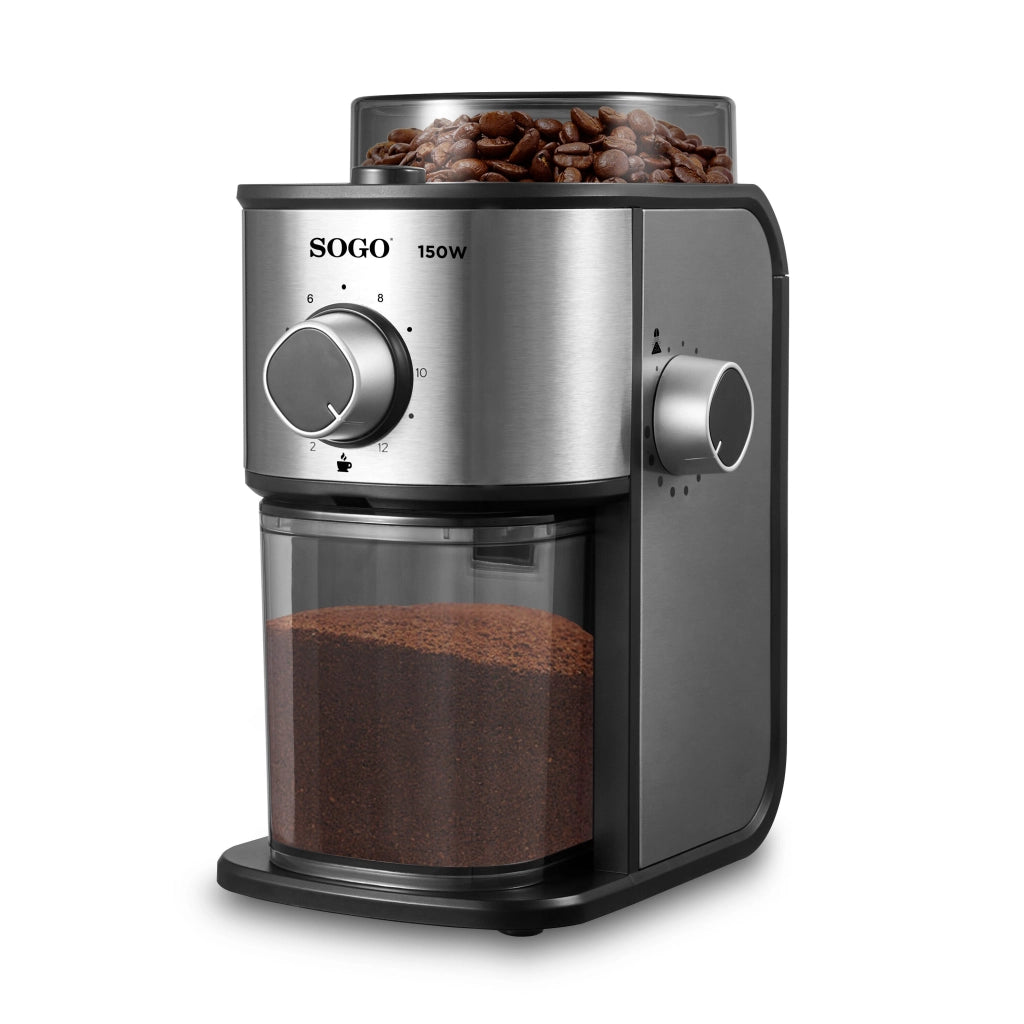 Macinacaffè elettrico con macine in acciaio 14 livelli di macinatura, capacità 200g chicchi selezione 2-12 tazze - Sogo