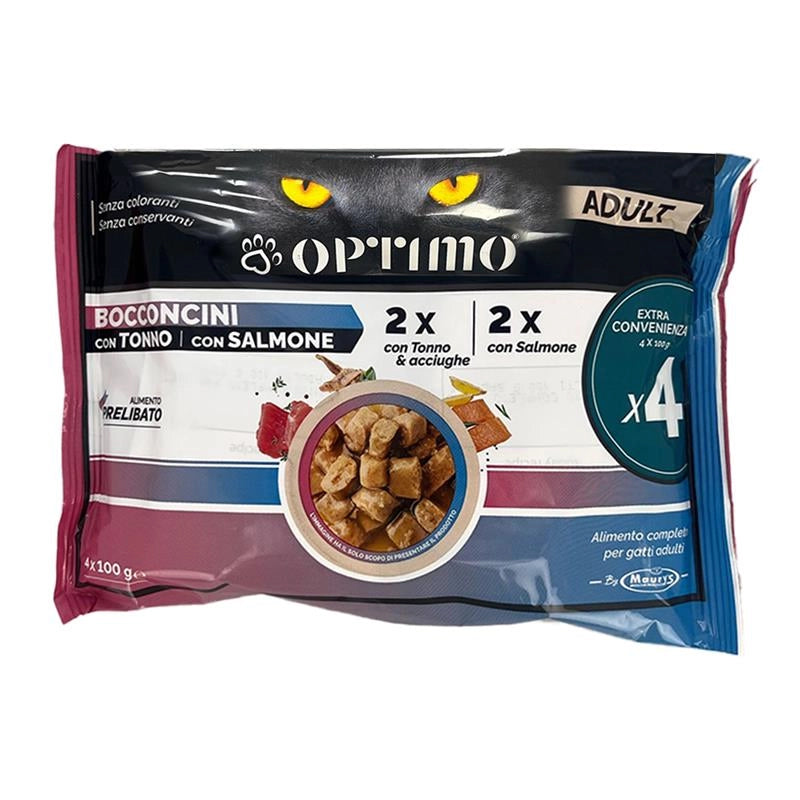 OPTIMO ADULT PER GATTI BOCCONCINI 2X TONNO E ACCIUGHE 2X SALMONE ALIMENTO PRELIBATO SENZA CONSERVANTI E COLORANTI 4X100 G