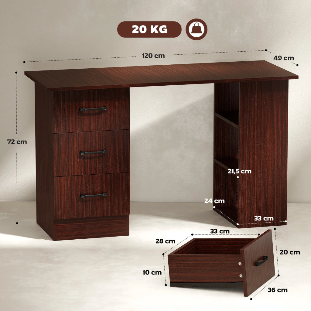 Scrivania computer con 3 cassetti e ripiani ¨C Minimal ¨C Nocce 120x49x72 cm