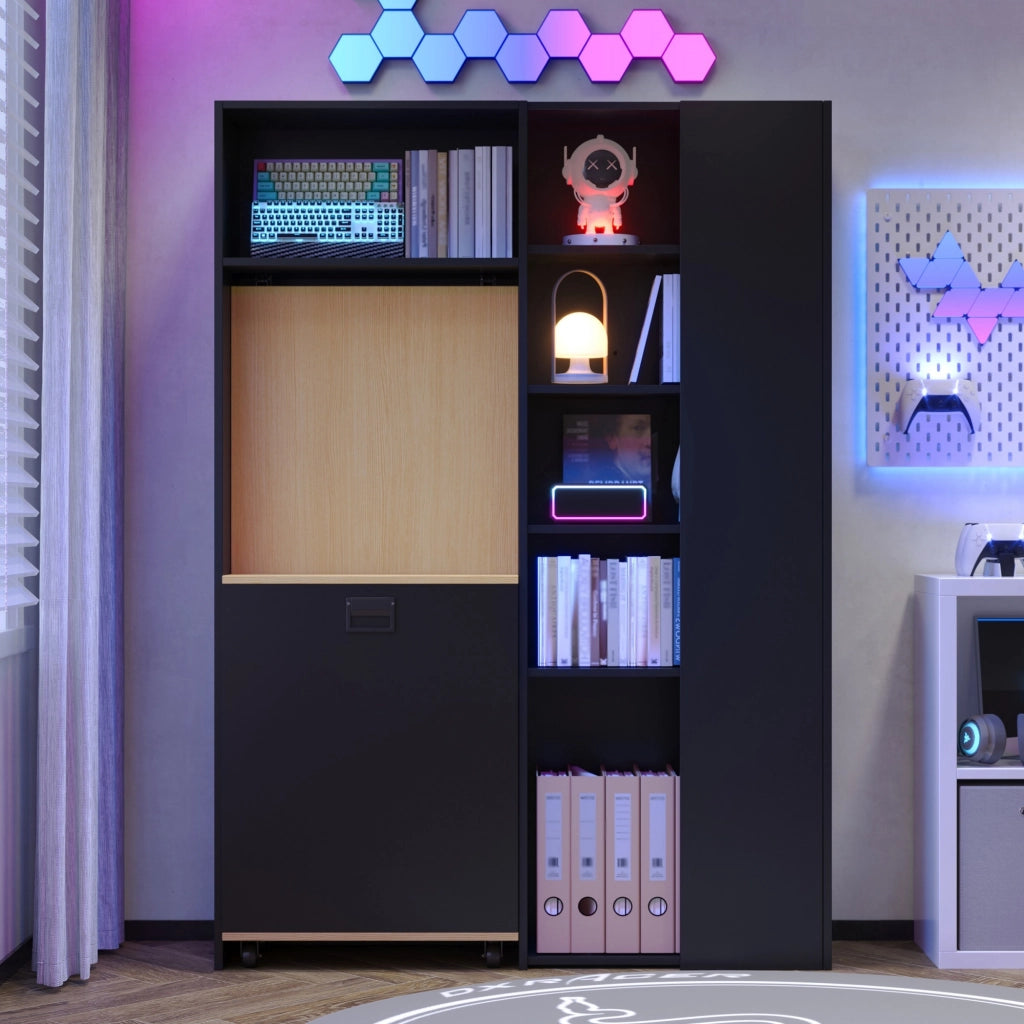Scrivania pieghevole 2 in 1 con libreria, presa EU e porte USB, MDF, nero e rovere