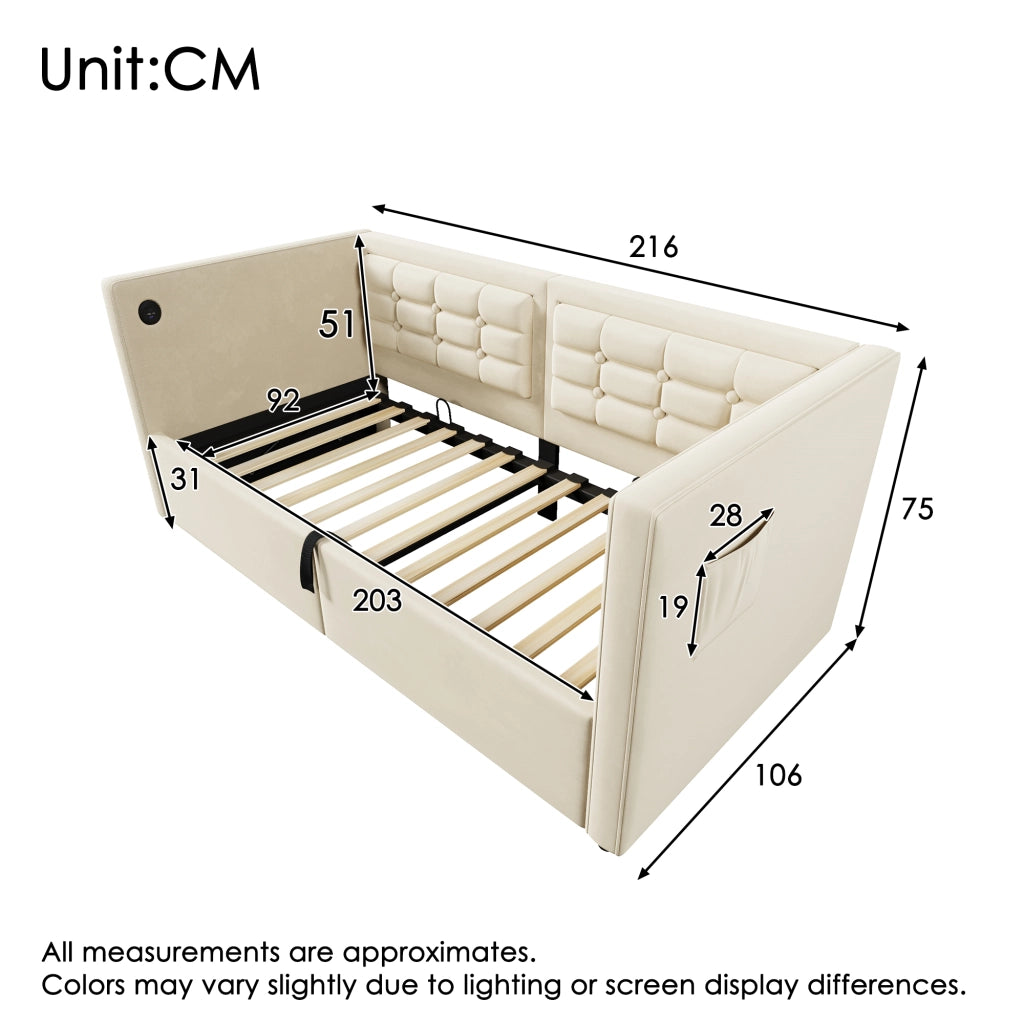 DIVANO LETTO 90x200 cm con vano contenitore, USB e Type-C Beige in velluto