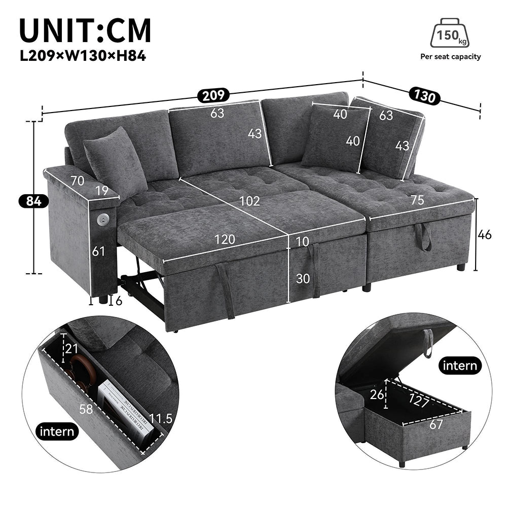 Divano moderno a L - Xylo - Letto convertibile, USB, grigio