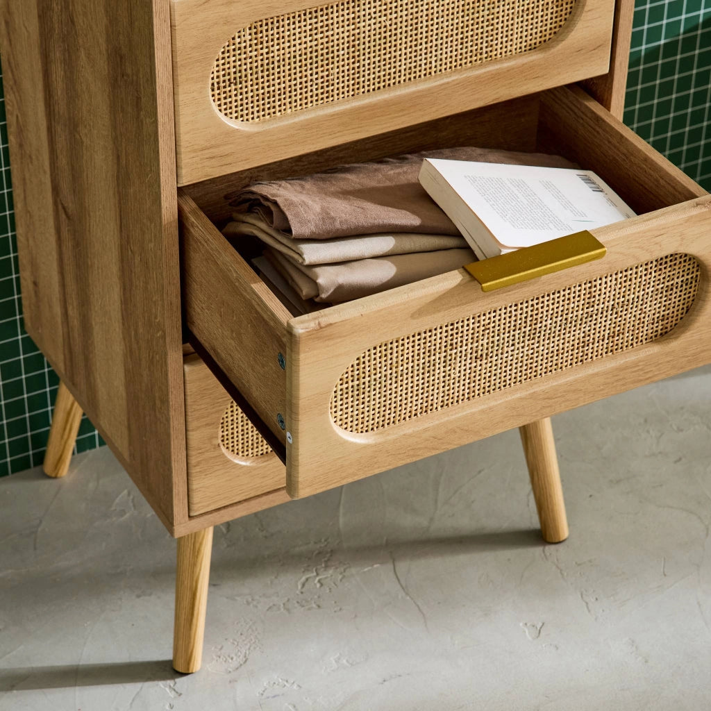Cassettiera decorata legno con 4 cassetti, marrone naturale